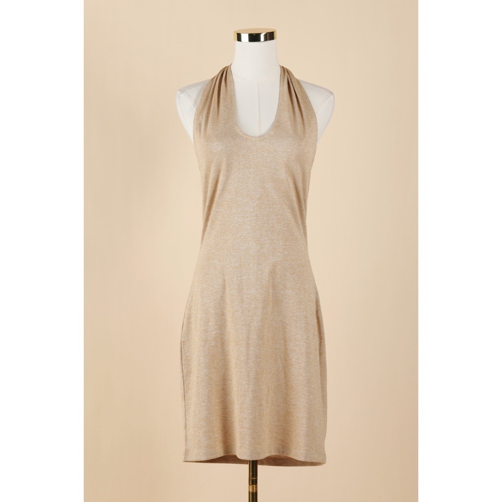 Sz L Romee Strijd x Na-kd Twist Detail Open Back Mini Dress Beige Melange NWT